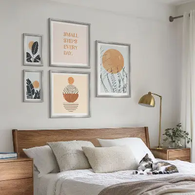 Lot de tableaux encadrés motifs végétaux avec slogans graphiques