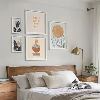 Lot de tableaux encadrés motifs végétaux avec slogans graphiques