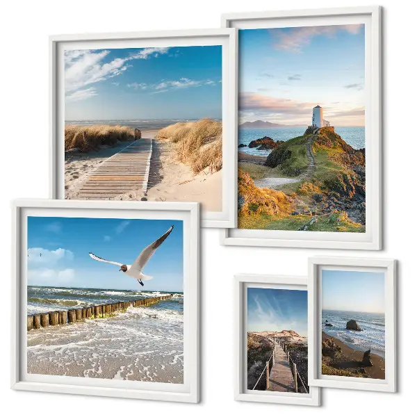 Lot de tableaux encadrés représentant des phares et plages en bord de mer