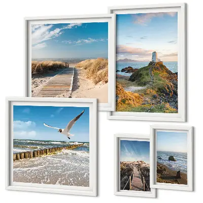 Lot de tableaux encadrés représentant des phares et plages en bord de mer