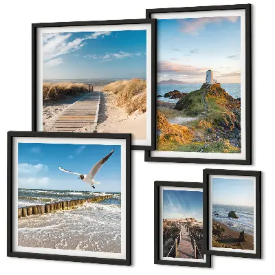 Lot de tableaux encadrés représentant des phares et plages en bord de mer