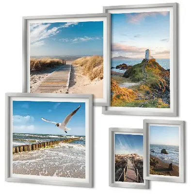 Lot de tableaux encadrés représentant des phares et plages en bord de mer