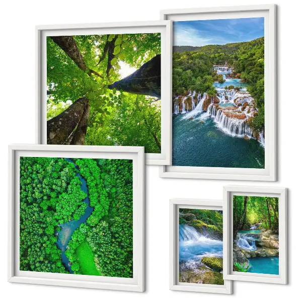 Ensemble de 5 tableaux cascades et paysages verdoyants