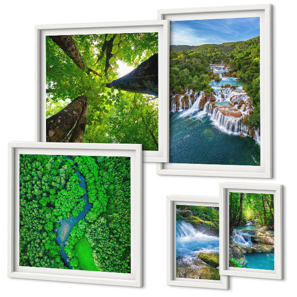 Ensemble de 5 tableaux Cascades paysages verdoyants