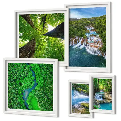 Ensemble de 5 tableaux cascades et paysages verdoyants
