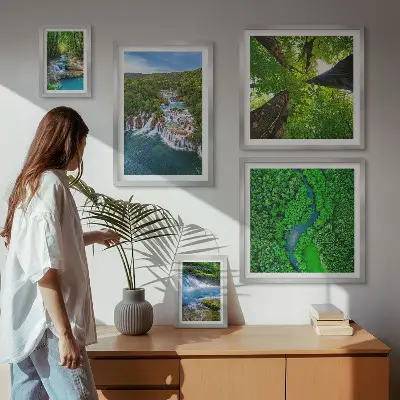 Ensemble de 5 tableaux cascades et paysages verdoyants