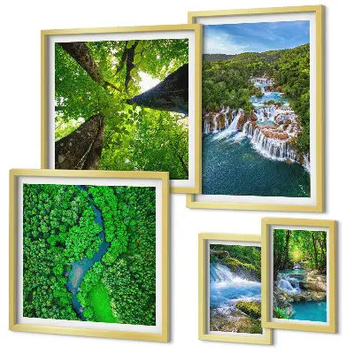 Ensemble de 5 tableaux cascades et paysages verdoyants
