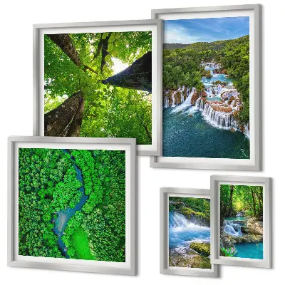 Ensemble de 5 tableaux cascades et paysages verdoyants