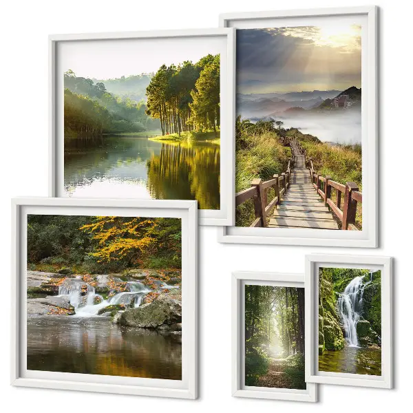 Tableau de décoration murale représentant des paysages naturels avec des cascades et des sentiers forestiers