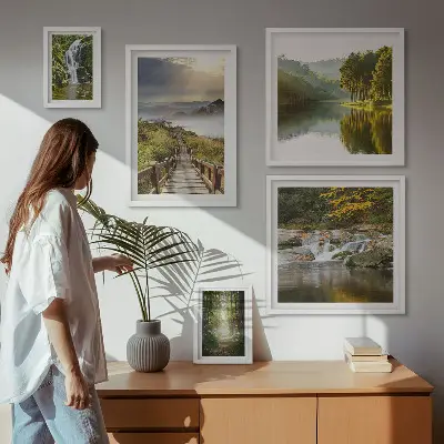 Tableau de décoration murale représentant des paysages naturels avec des cascades et des sentiers forestiers