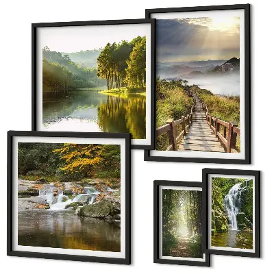Tableau de décoration murale représentant des paysages naturels avec des cascades et des sentiers forestiers