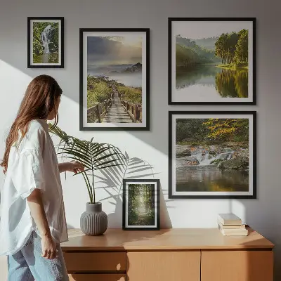 Tableau de décoration murale représentant des paysages naturels avec des cascades et des sentiers forestiers