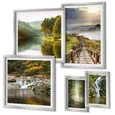 Tableau de décoration murale représentant des paysages naturels avec des cascades et des sentiers forestiers