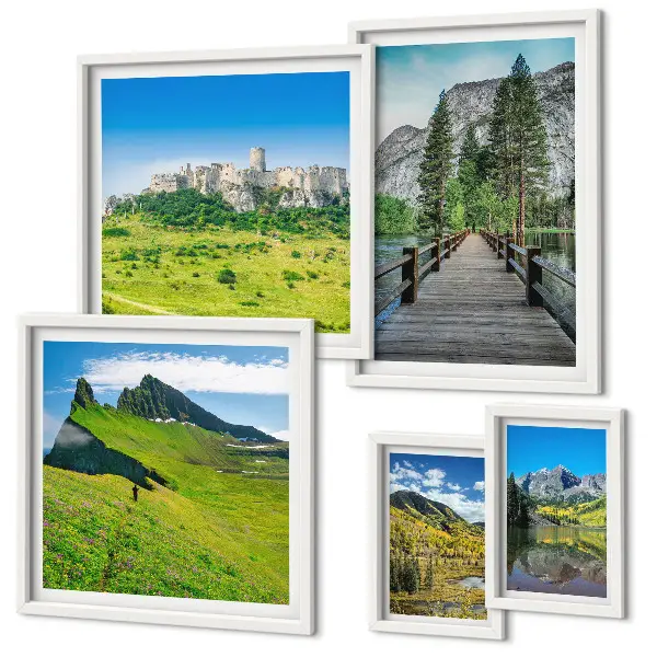Lot de tableaux encadrés représentant des paysages de montagne avec des cascades