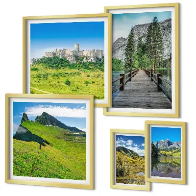 Lot de tableaux encadrés représentant des paysages de montagne avec des cascades