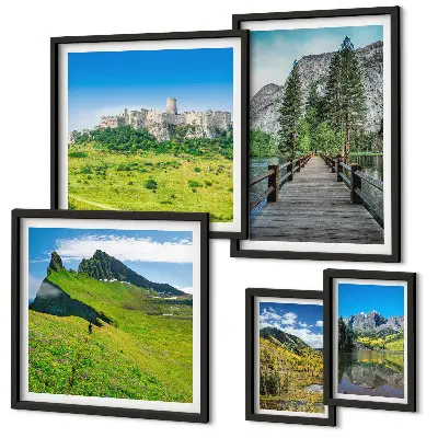 Lot de tableaux encadrés représentant des paysages de montagne avec des cascades