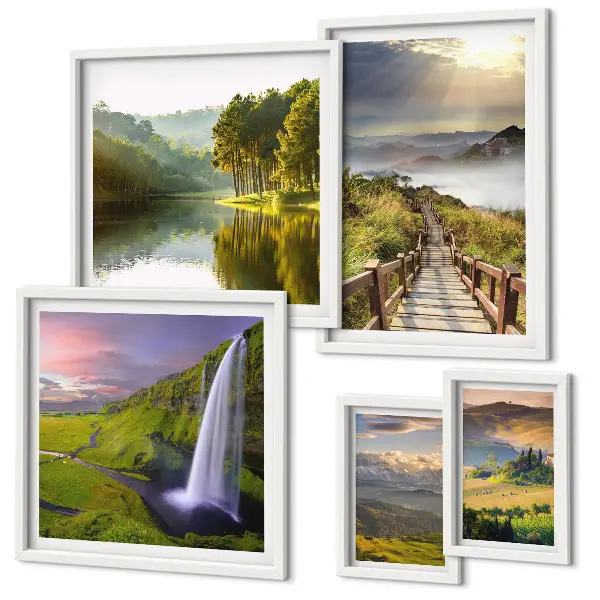 Lot de tableaux encadrés représentant des paysages de cascades et de montagnes