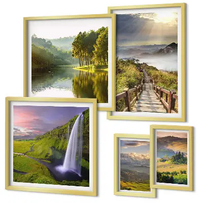 Lot de tableaux encadrés représentant des paysages de cascades et de montagnes