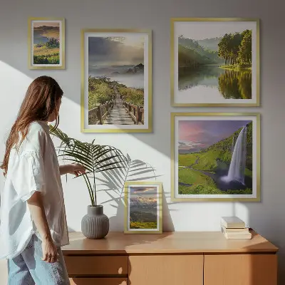 Lot de tableaux encadrés représentant des paysages de cascades et de montagnes