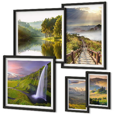 Lot de tableaux encadrés Paysages, cascades, montagnes