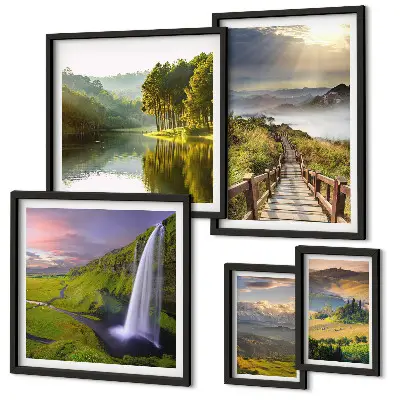 Lot de tableaux encadrés représentant des paysages de cascades et de montagnes