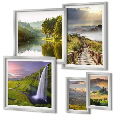 Lot de tableaux encadrés représentant des paysages de cascades et de montagnes