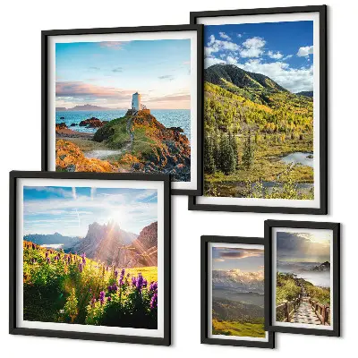 Ensemble de 5 tableaux représentant des paysages de montagne