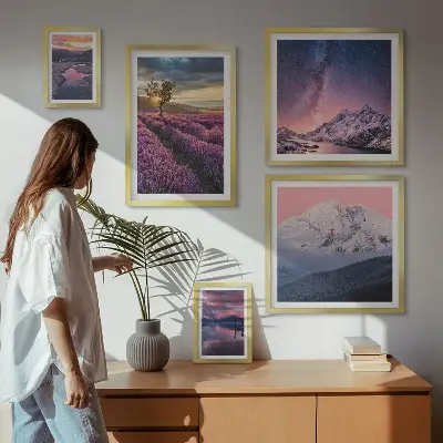 Lot de tableaux encadrés représentant des paysages naturels de montagnes de lavande