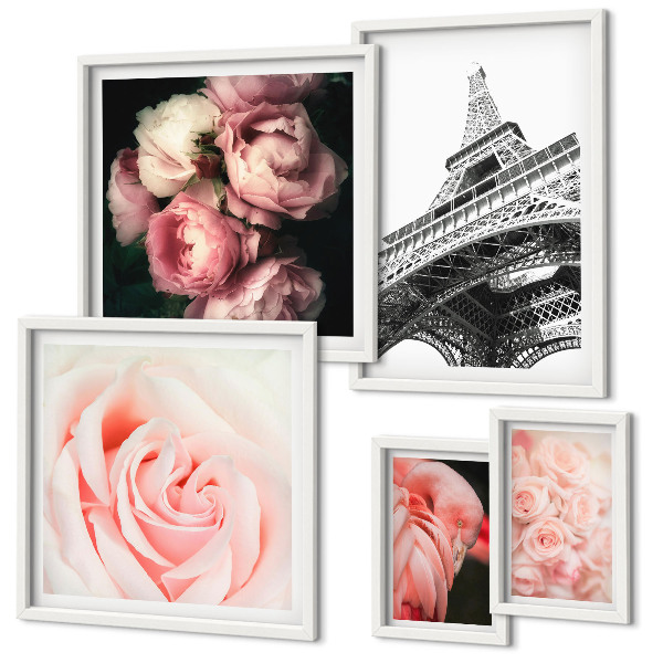 Ensemble de 5 tableaux Roses Tour Eiffel Romantisme