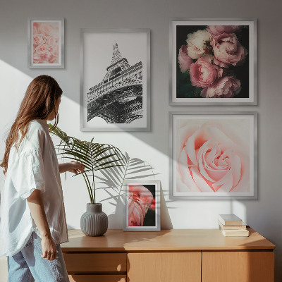 Ensemble de 5 tableaux Roses Tour Eiffel Romantisme