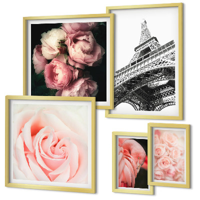Ensemble de 5 tableaux Roses Tour Eiffel Romantisme