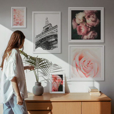Ensemble de 5 tableaux Roses Tour Eiffel Romantisme