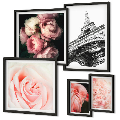Ensemble de 5 tableaux Roses Tour Eiffel Romantisme