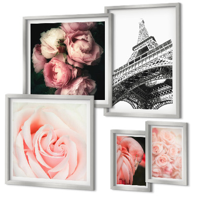Ensemble de 5 tableaux Roses Tour Eiffel Romantisme