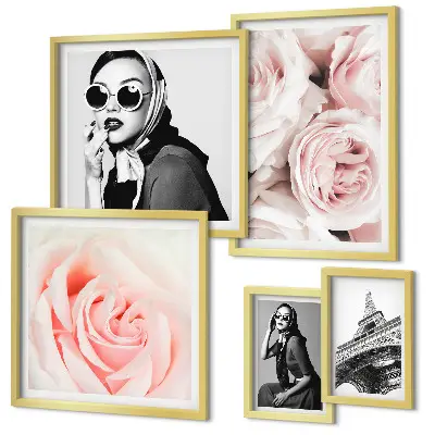 Ensemble de 5 tableaux représentant des portraits élégants de roses