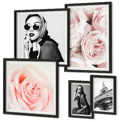 Ensemble de 5 tableaux représentant des portraits élégants de roses