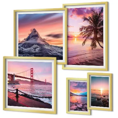 Lot de tableaux encadrés représentant des paysages marins avec des palmiers