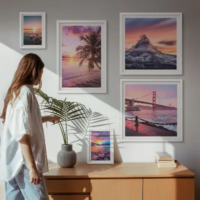 Lot de tableaux encadrés représentant des paysages marins avec des palmiers