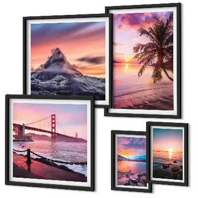 Lot de tableaux encadrés représentant des paysages marins avec des palmiers