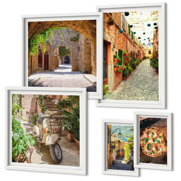 Tableaux encadrés rues charmantes et plats italiens