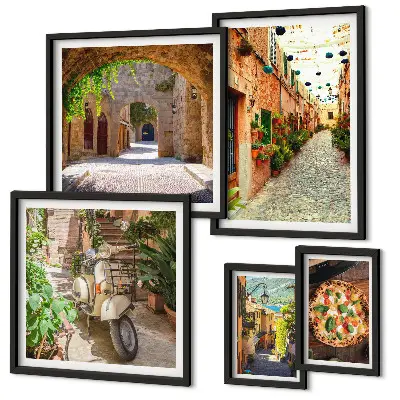 Tableaux encadrés rues charmantes et plats italiens