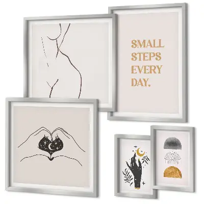 Ensemble de 5 tableaux sur le thème de la motivation et de la pensée positive dans un style minimaliste