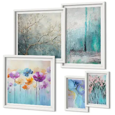 Lot de tableaux encadrés paysages abstraits avec des fleurs