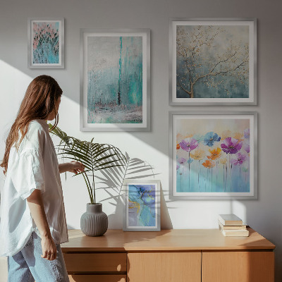 Lot de tableaux encadrés Paysages abstraits fleurs