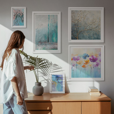 Lot de tableaux encadrés Paysages abstraits fleurs