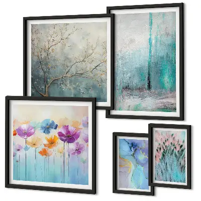 Lot de tableaux encadrés paysages abstraits avec des fleurs