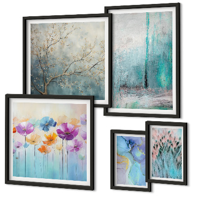Lot de tableaux encadrés Paysages abstraits fleurs