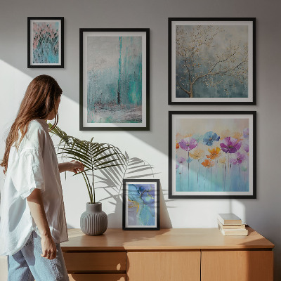 Lot de tableaux encadrés Paysages abstraits fleurs