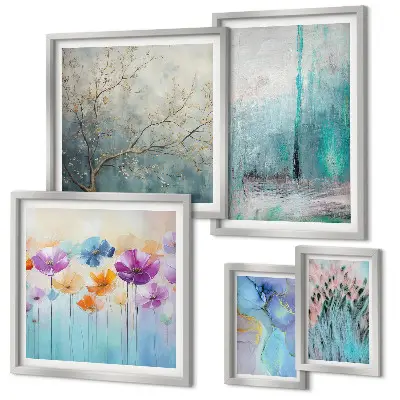 Lot de tableaux encadrés paysages abstraits avec des fleurs