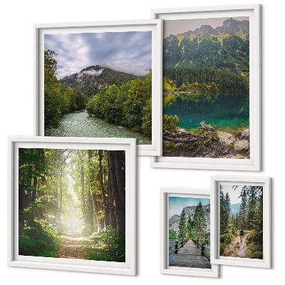 Ensemble de 5 tableaux Paysages de montagne et sentiers forestiers